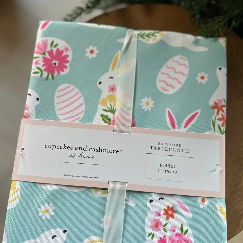 Cupcakes & Cashmere table cover cloth bunny Easter egg blue teal round